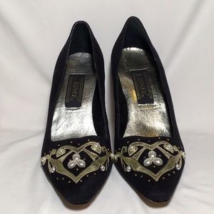J. Renee Gold & Pearl Embellished Black Velveteen Heels